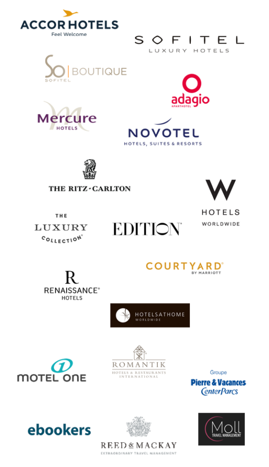 Accor Hotels, Sofitel, Mercure, Adagio, Motel One, Novotel, W Hotels, Romantik Hotels, Hotels at Home, Pierre & Vacances, Reed & McKay, Moll Travel, eBookers, Ritz-Carlton, The Luxury Collection, Shop Edition, Renaissance Hotels