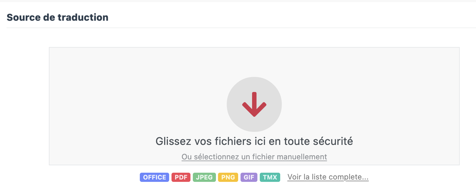 Écran de dialogue glisser-déposer pour les traductions allemand avec le chèque relance export
