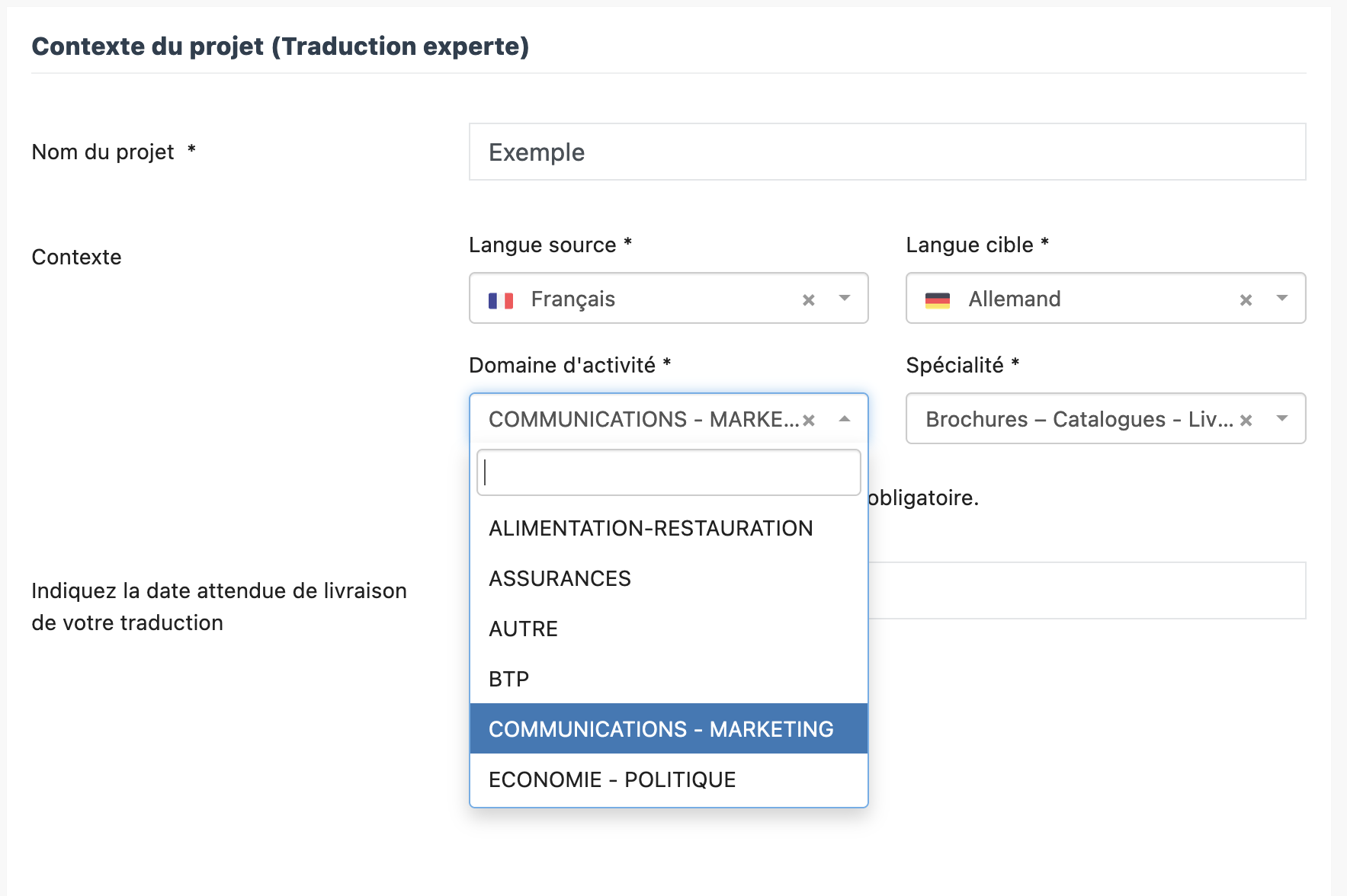 Renseigner les détails du projet de traduction en allemand pour la chèque relance export